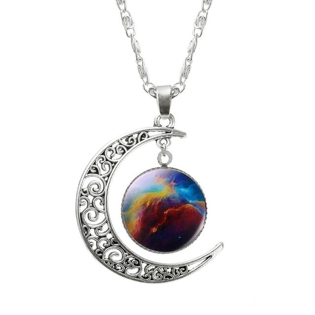 1 Pcs Hollow Moon & Glass Galaxy Statement Necklaces Silver Chain Pendants 2016 New Fashion Jewelry Collares Friend Best Gifts