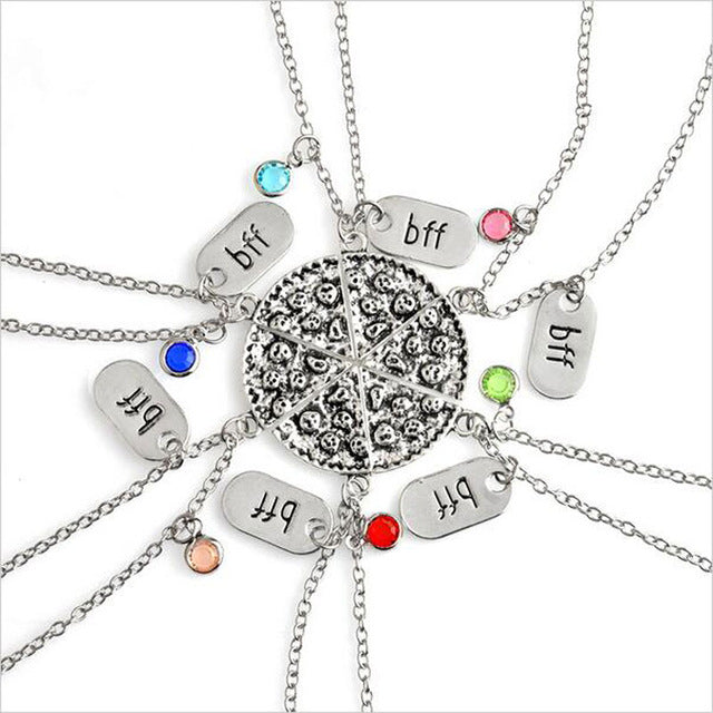 6pz/set BFF Pizza Necklace Alloy Silver Slice Pizza Colorful Crysal Dangle Pendant bff Best Friend Forever Friendship Necklace