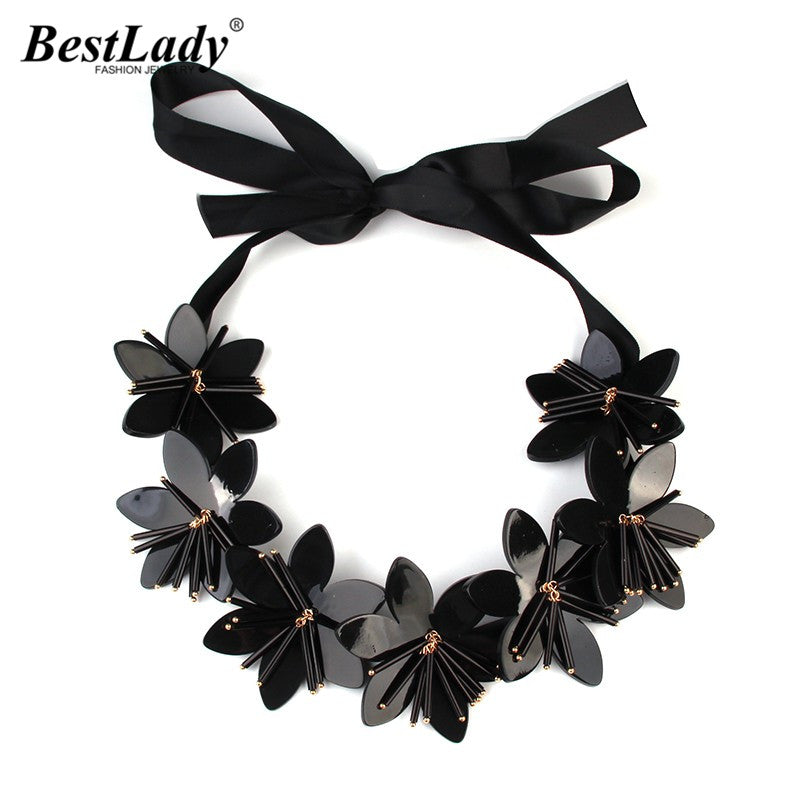 Best lady Brand  Hot Long Leather Maxi Statement Ribbon Necklace Acrylic Black Flower Necklaces & Pendants Collar Necklace B553