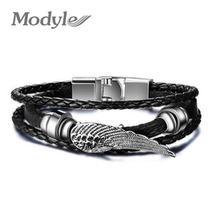 Modyle High Quality New Fashion Jewelry PU Leather Bracelet Men Angel Wings Bracelets for Women Best Friend Gift