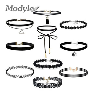 Modyle Best Deal New Fashion 10Pcs/set Women Black Rope Choker Necklace Stretch Velvet Classic Gothic Lace Chain Necklaces 1Set