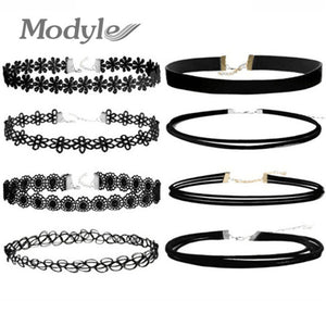 Modyle Best Deal New Fashion 10Pcs/set Women Black Rope Choker Necklace Stretch Velvet Classic Gothic Lace Chain Necklaces 1Set